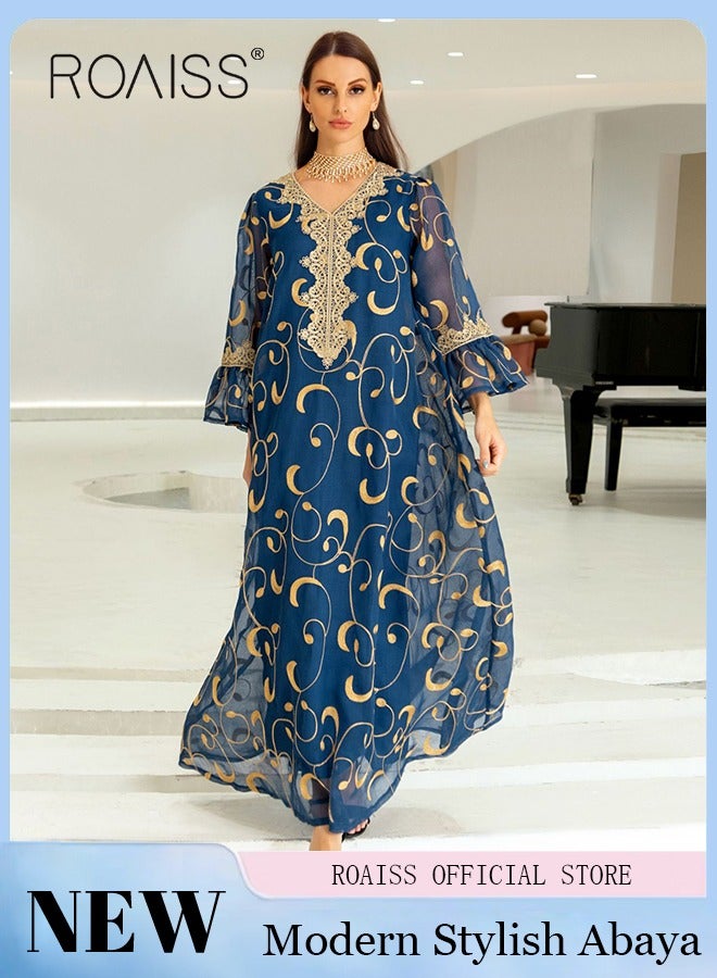 Ramadan Women Muslim Dress Sequin Blue Mesh Embroidery Evening Party Gown Bell Sleeve Long Dresses Party Robe Women Embroidery Dresses