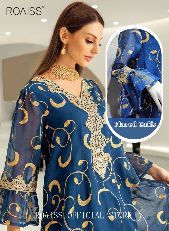 Ramadan Women Muslim Dress Sequin Blue Mesh Embroidery Evening Party Gown Bell Sleeve Long Dresses Party Robe Women Embroidery Dresses