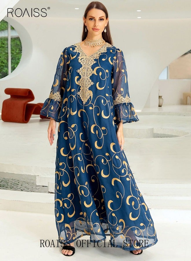 Ramadan Women Muslim Dress Sequin Blue Mesh Embroidery Evening Party Gown Bell Sleeve Long Dresses Party Robe Women Embroidery Dresses