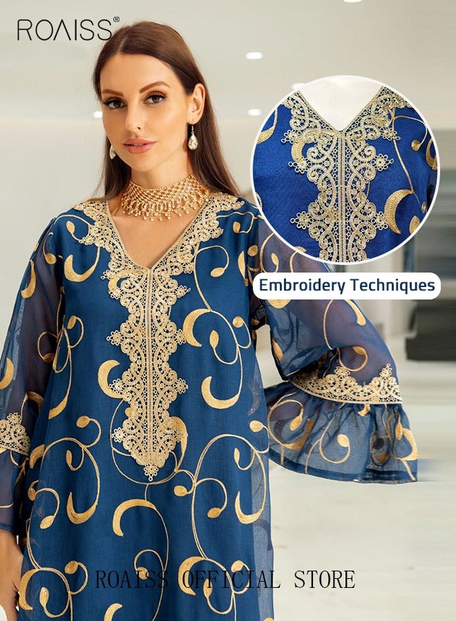 Ramadan Women Muslim Dress Sequin Blue Mesh Embroidery Evening Party Gown Bell Sleeve Long Dresses Party Robe Women Embroidery Dresses