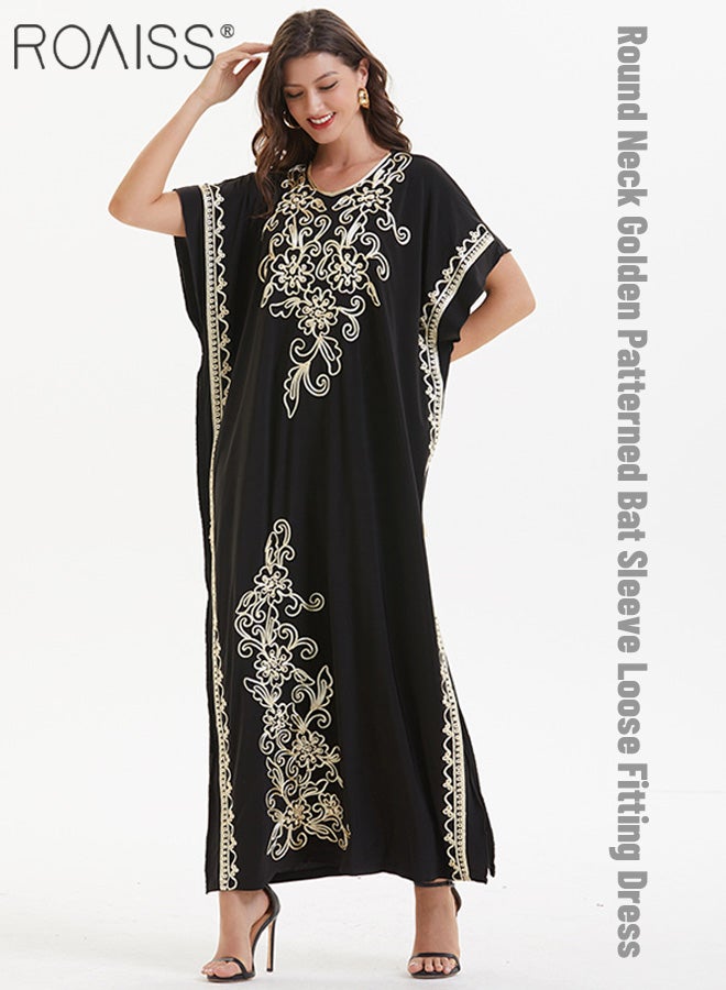 Women'S Muslim Fashion Robe Classic Round Neck Short Sleeved Beach Dress With Gold Thread Pattern Decoration