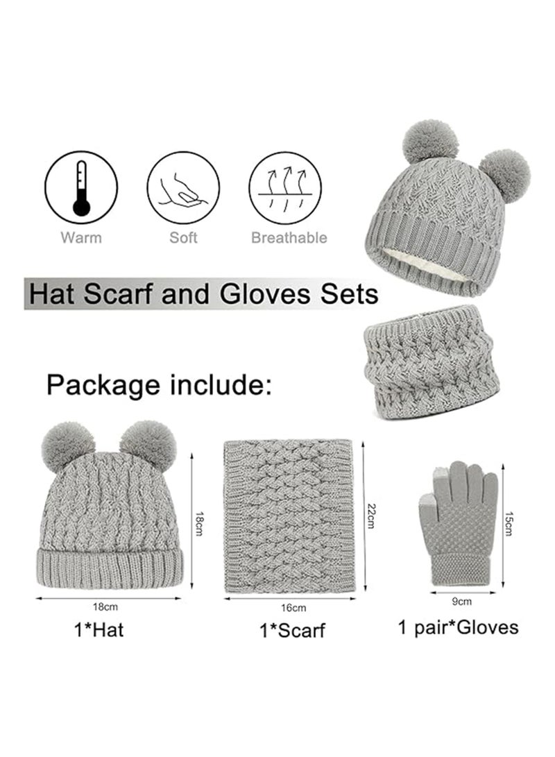 Kids Winter Beanie Hat Scarf and Touchscreen Gloves Set, Fleece Lining Beanie Hat Knit Gloves Neck Warmer for Children 2-8, Grey
