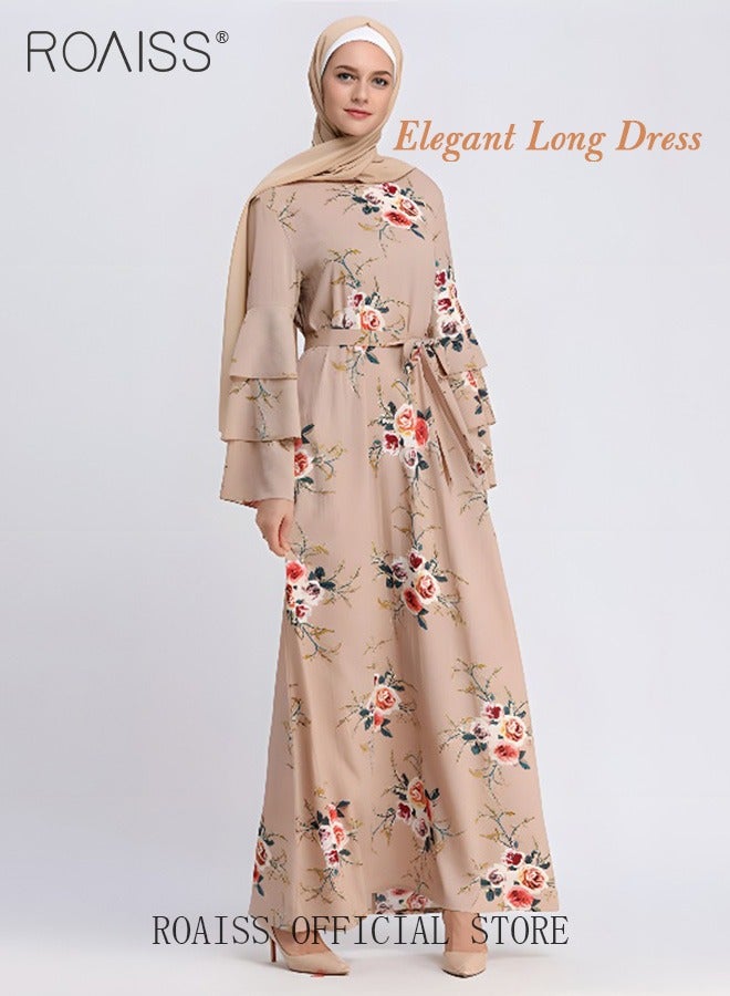 Ladies Dress Waisted Slim Long Sleeve Large Skirt Hem Printed Dress with Belt for Women Ladies Party Ramadan Eid al-Adha