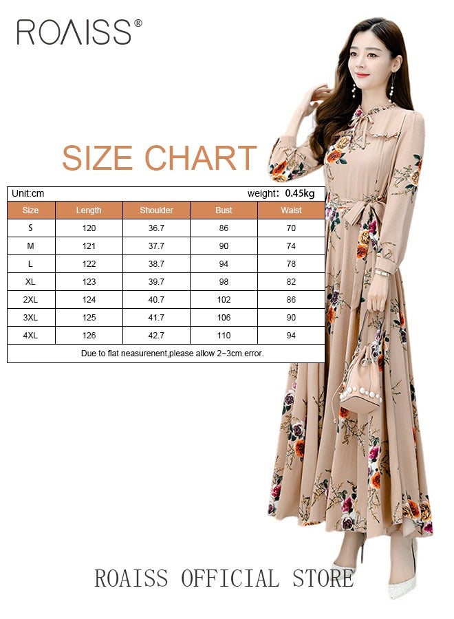 Ladies Dress Waisted Slim Long Sleeve Large Skirt Hem Printed Dress with Belt for Women Ladies Party Ramadan Eid al-Adha