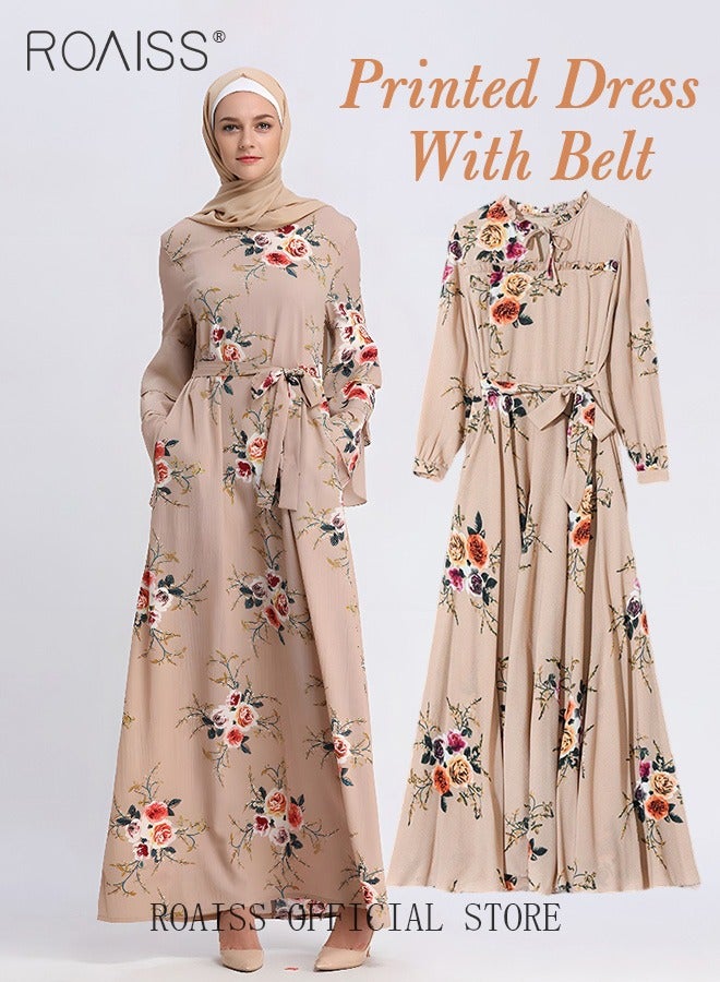 Ladies Dress Waisted Slim Long Sleeve Large Skirt Hem Printed Dress with Belt for Women Ladies Party Ramadan Eid al-Adha