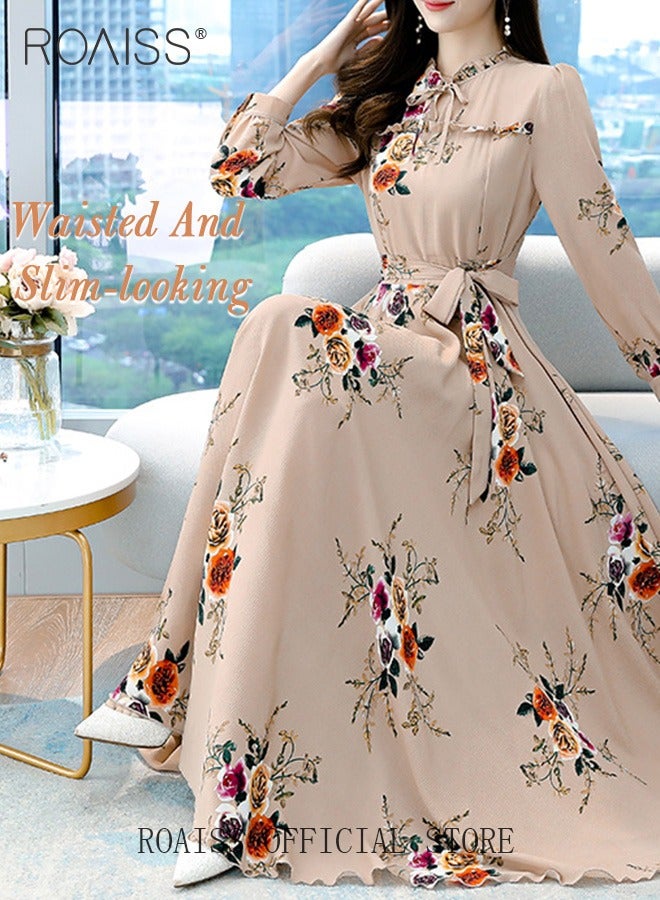 Ladies Dress Waisted Slim Long Sleeve Large Skirt Hem Printed Dress with Belt for Women Ladies Party Ramadan Eid al-Adha