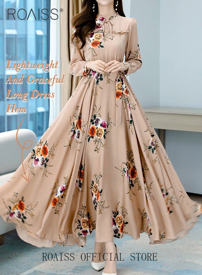 Ladies Dress Waisted Slim Long Sleeve Large Skirt Hem Printed Dress with Belt for Women Ladies Party Ramadan Eid al-Adha