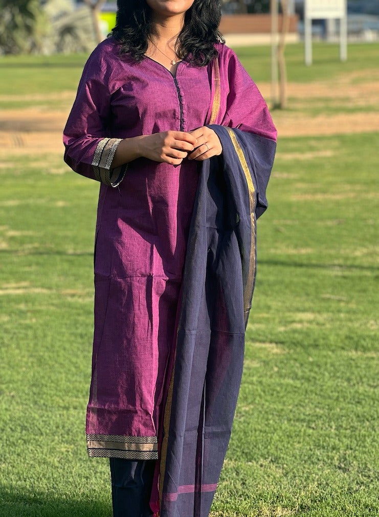 IndHeritage -  Eid kurti set collection - Premium cotton 3pc kurti set / salwar set - Purple colour women's 3pc kurti / kurta set with kasavu prints - Indian Kurti Set IDH00166