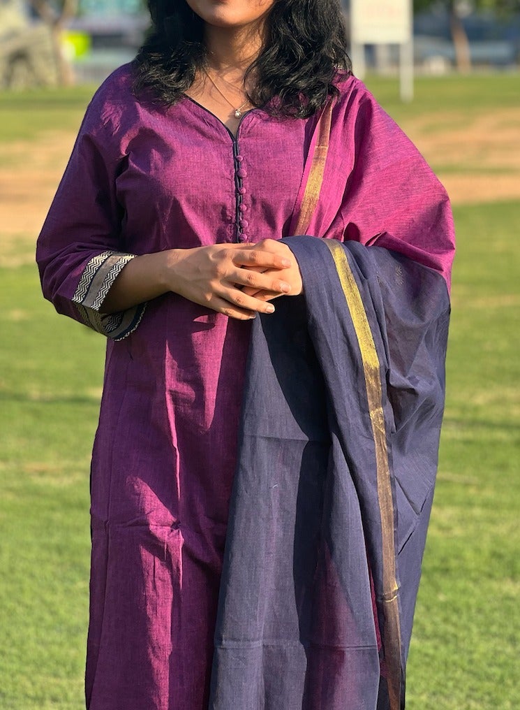 IndHeritage -  Eid kurti set collection - Premium cotton 3pc kurti set / salwar set - Purple colour women's 3pc kurti / kurta set with kasavu prints - Indian Kurti Set IDH00166