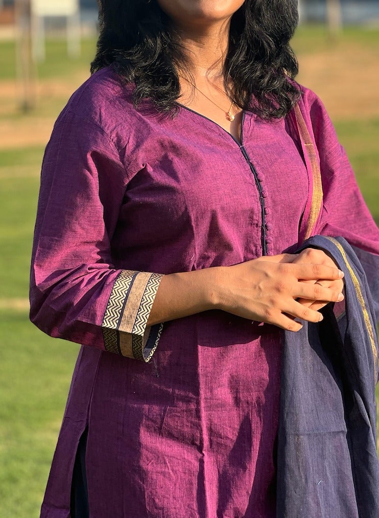 IndHeritage -  Eid kurti set collection - Premium cotton 3pc kurti set / salwar set - Purple colour women's 3pc kurti / kurta set with kasavu prints - Indian Kurti Set IDH00166