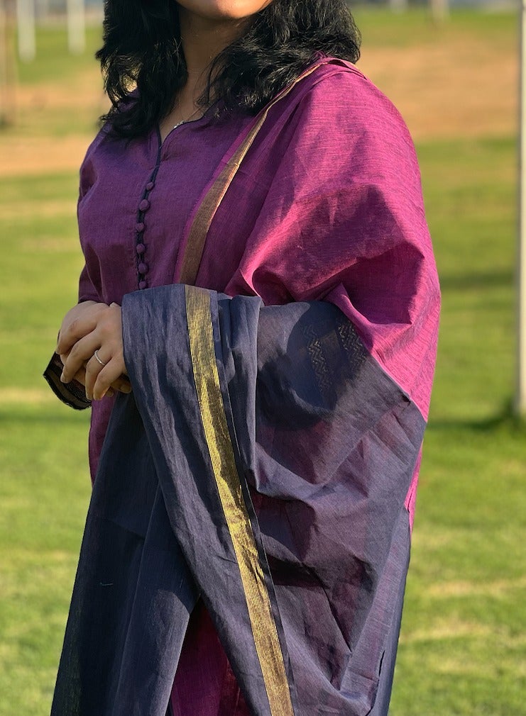 IndHeritage -  Eid kurti set collection - Premium cotton 3pc kurti set / salwar set - Purple colour women's 3pc kurti / kurta set with kasavu prints - Indian Kurti Set IDH00166