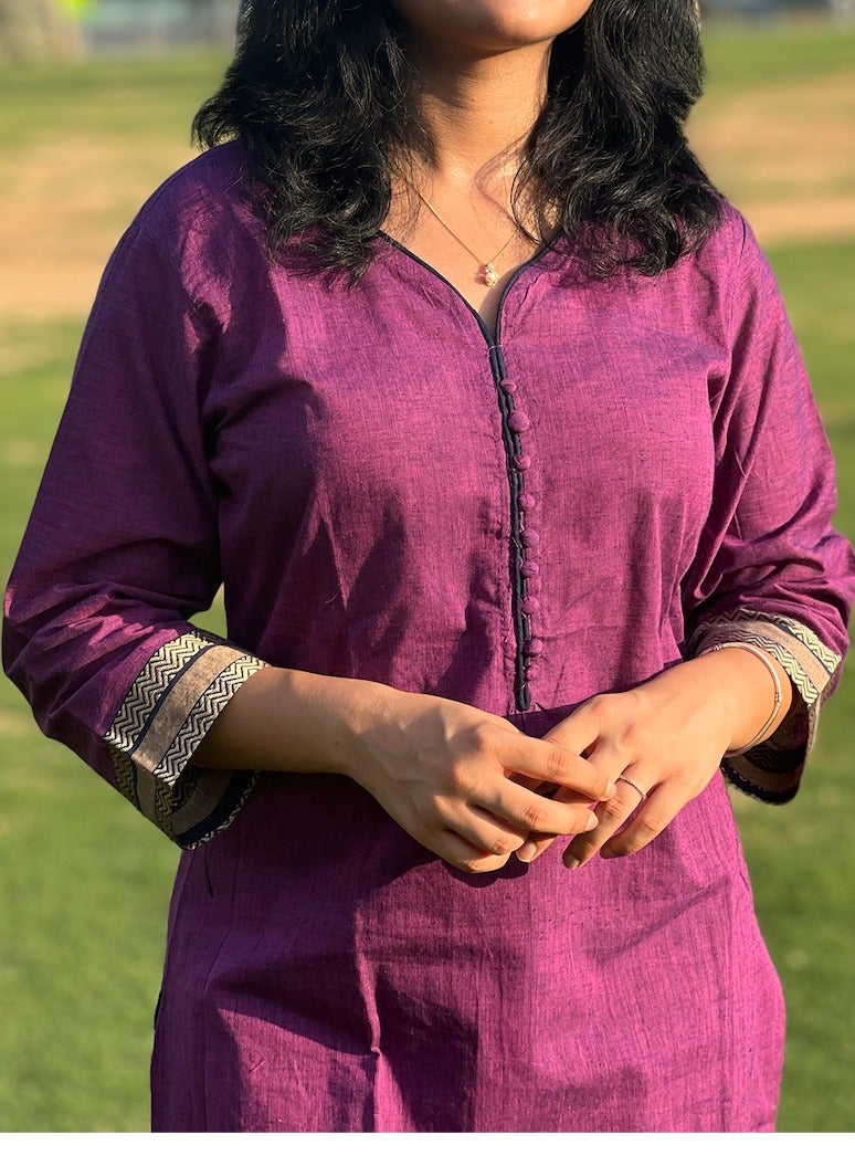 IndHeritage -  Eid kurti set collection - Premium cotton 3pc kurti set / salwar set - Purple colour women's 3pc kurti / kurta set with kasavu prints - Indian Kurti Set IDH00166
