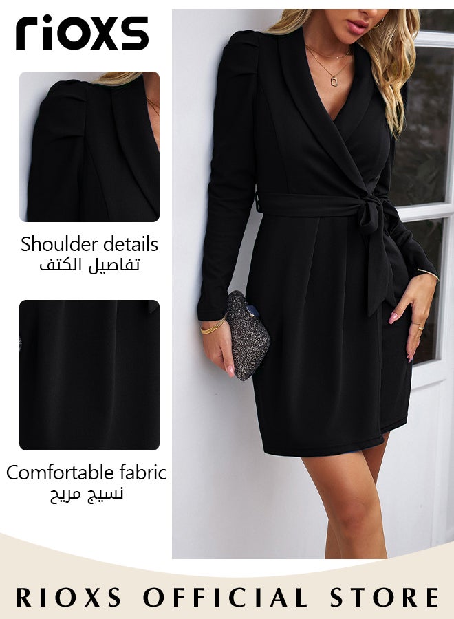 Women's V-Neck Slimming Solid Color Wrap Dress With A Belt Long Sleeve Ruffle Shoulders Knee-High Elegant Dress For Work Office Or Official Occasions