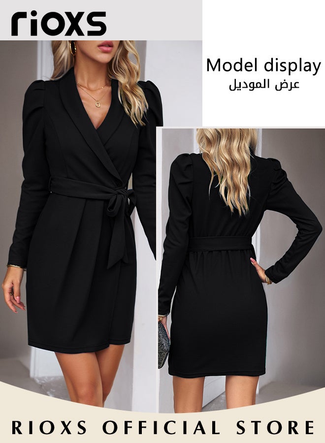 Women's V-Neck Slimming Solid Color Wrap Dress With A Belt Long Sleeve Ruffle Shoulders Knee-High Elegant Dress For Work Office Or Official Occasions