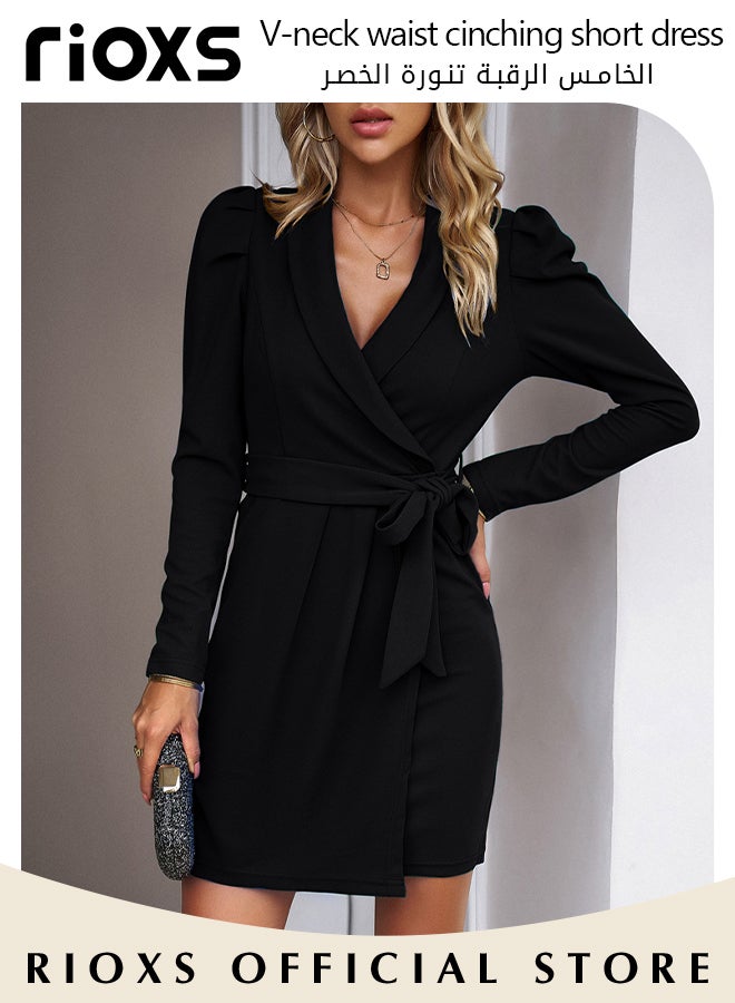 Women's V-Neck Slimming Solid Color Wrap Dress With A Belt Long Sleeve Ruffle Shoulders Knee-High Elegant Dress For Work Office Or Official Occasions