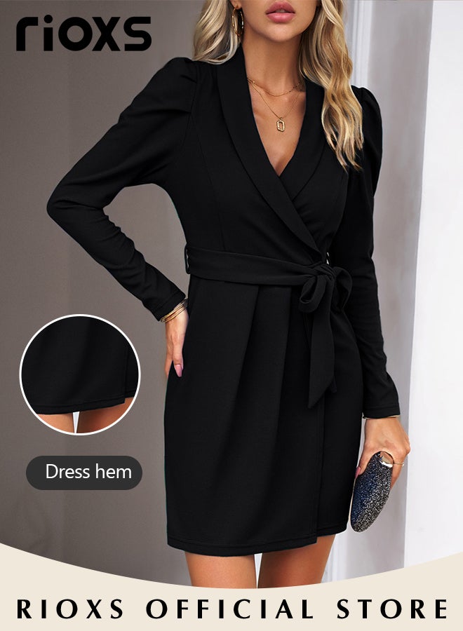 Women's V-Neck Slimming Solid Color Wrap Dress With A Belt Long Sleeve Ruffle Shoulders Knee-High Elegant Dress For Work Office Or Official Occasions