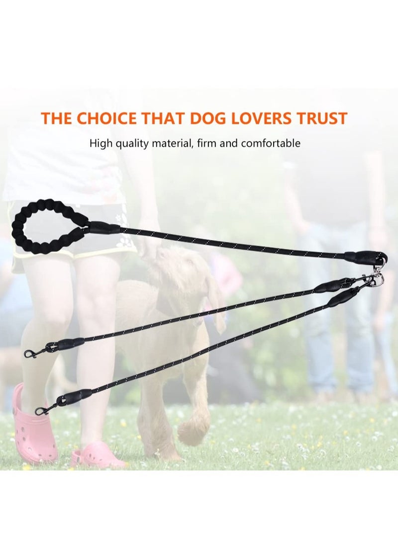 Double Dog Leash with Two Extra Traffic Handles 360 Swivel No Tangle Dual Dog Walking Leash for Large Medium Small Dogs Black