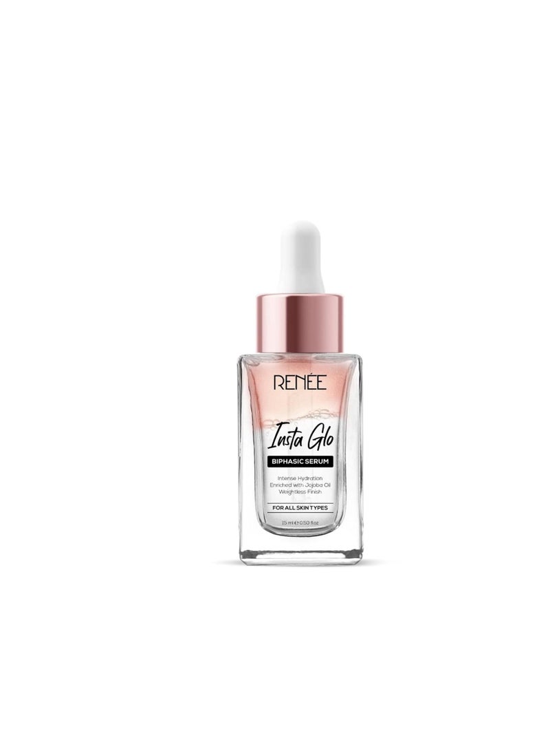 RENEE Insta Glo Biphasic Face Serum 15ml  Reduces Fine Lines  Wrinkles and Premature Aging  Infused With Hyaluronic Acid  Vitamin C  Rose Extract Serums and Jojoba Oil  Vitamin E Grapeseed Oil