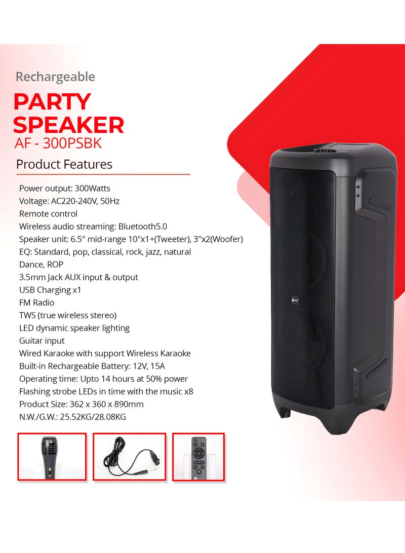 Party Speaker, 300 Watts, 24kg, 15A Battery, Integrated FM Radio, Karaoke Mic, ESMA Approved, 2 Years Warranty AF-300PSBK Black