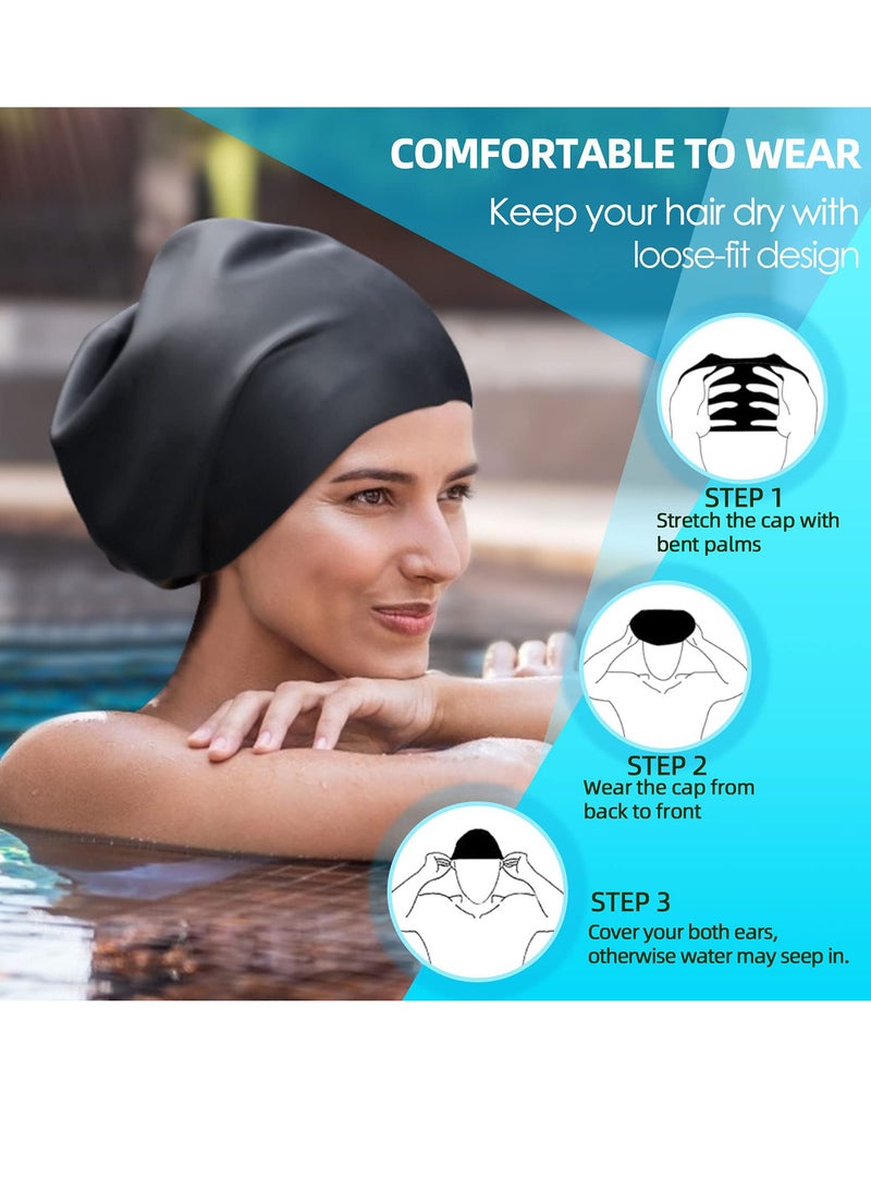 Extra Large Swim Cap, Braids and Dreadlocks Extensions Weaves Long Hair, Waterproof Silicone Cover Ear Bath Pool Shower Swimming Cap for Adult Youth to Keep Hair Dry, Easy to Put On and Off