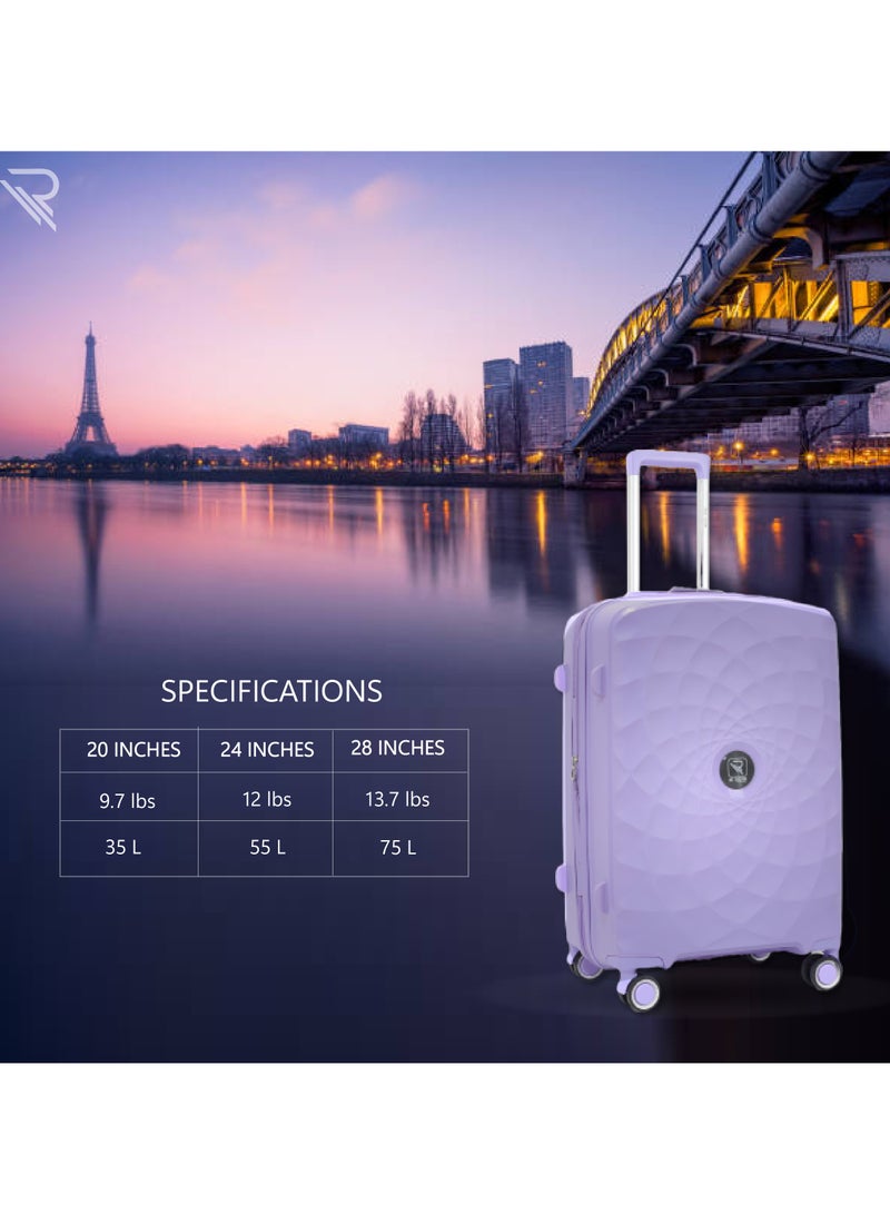 Paris 20 Inch Lilac Carry On Suitcase Luggage Trolley Bag with Durable and Lightweight PP Hardshell 3 Level Telescopic Handle 4 Quiet 360° Wheels and TSA Lock