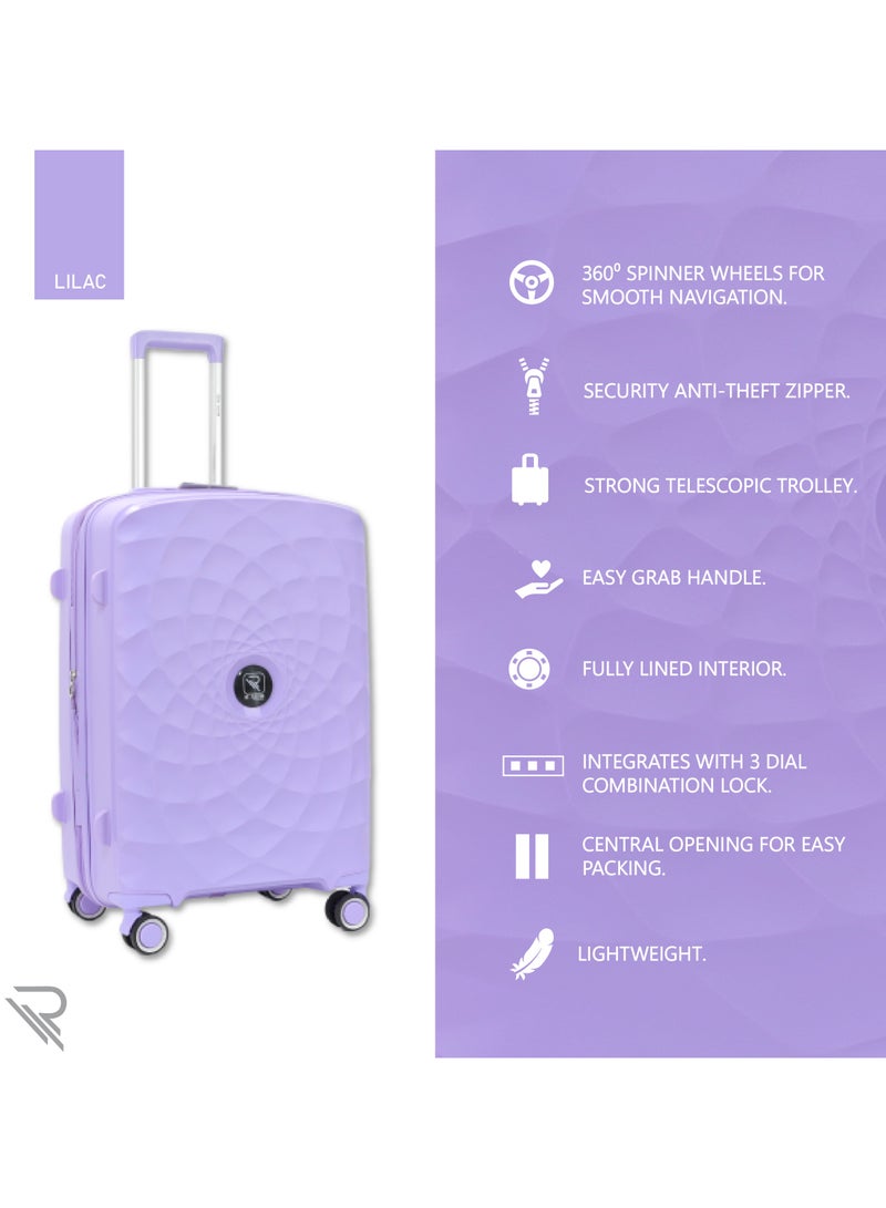 Paris 20 Inch Lilac Carry On Suitcase Luggage Trolley Bag with Durable and Lightweight PP Hardshell 3 Level Telescopic Handle 4 Quiet 360° Wheels and TSA Lock