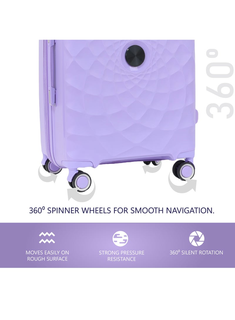 Paris 20 Inch Lilac Carry On Suitcase Luggage Trolley Bag with Durable and Lightweight PP Hardshell 3 Level Telescopic Handle 4 Quiet 360° Wheels and TSA Lock