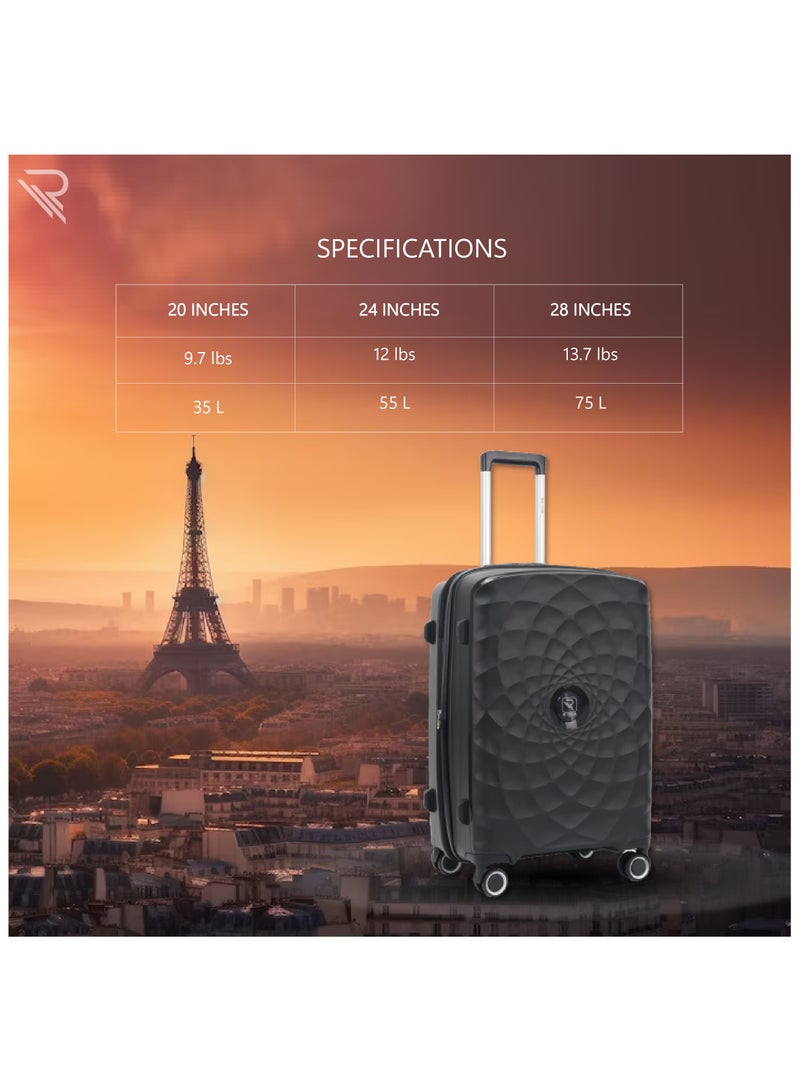 Paris 24 Inch Black Suitcase Luggage Trolley Bag  with Durable and Lightweight PP Hardshell 3 Level Telescopic Handle 4 Quiet 360° Wheels and TSA Lock