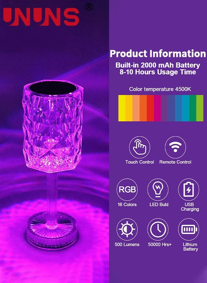 Crystal Lamp,Touch Control Table Lamp Night Lights,16 Color LED Rose Diamond USB Rechargeable Lamp,Touch & Remote Control,Bedside Lamp,Dining Room Lamp,Atmosphere Light For Bedroom/Living Room