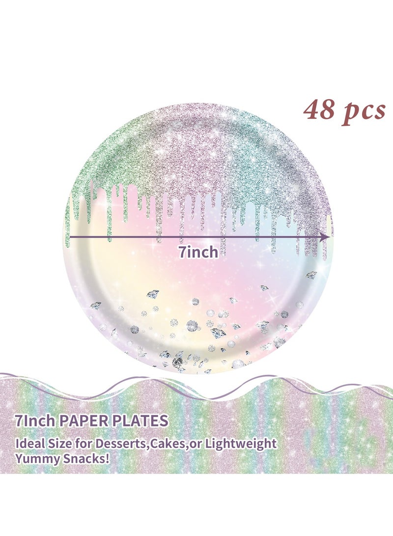 Diamond Glitter Paper Plates, 7-Inch Dessert Paper Plates, Iridescent Disposable Plates, for Girls' Kids Birthday and Baby Shower (48 PCS)