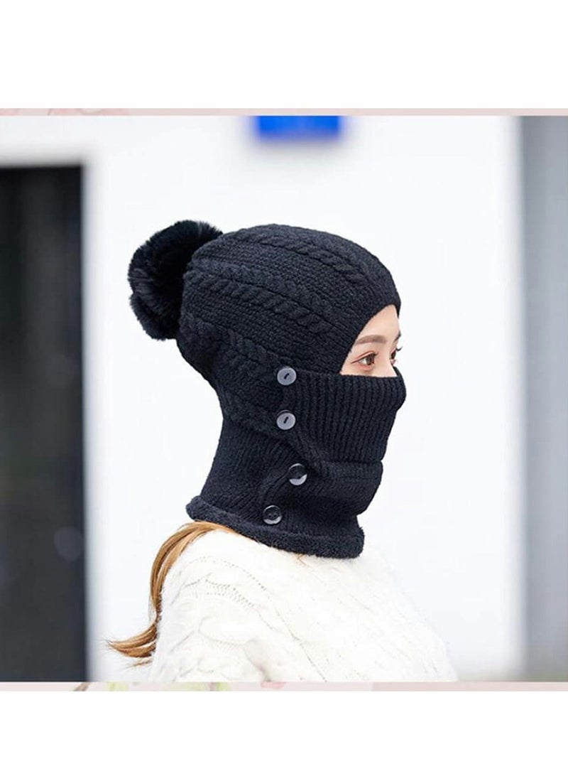 Slouchy Beanie for Men/Women Knit Hat, Baggy Cap Winter Knit Hat Fleece Lined Beanie Winter Scarf Mask Set for Women, Girls Warm Hat Earmuffs Cap with Pom