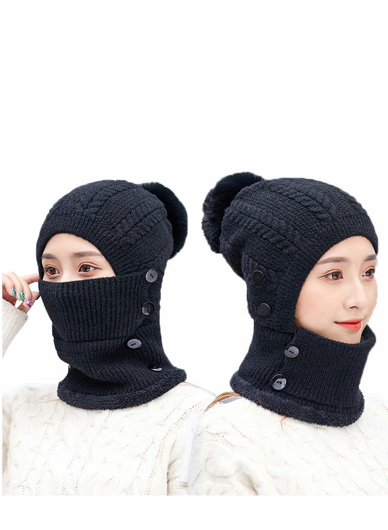 Slouchy Beanie for Men/Women Knit Hat, Baggy Cap Winter Knit Hat Fleece Lined Beanie Winter Scarf Mask Set for Women, Girls Warm Hat Earmuffs Cap with Pom