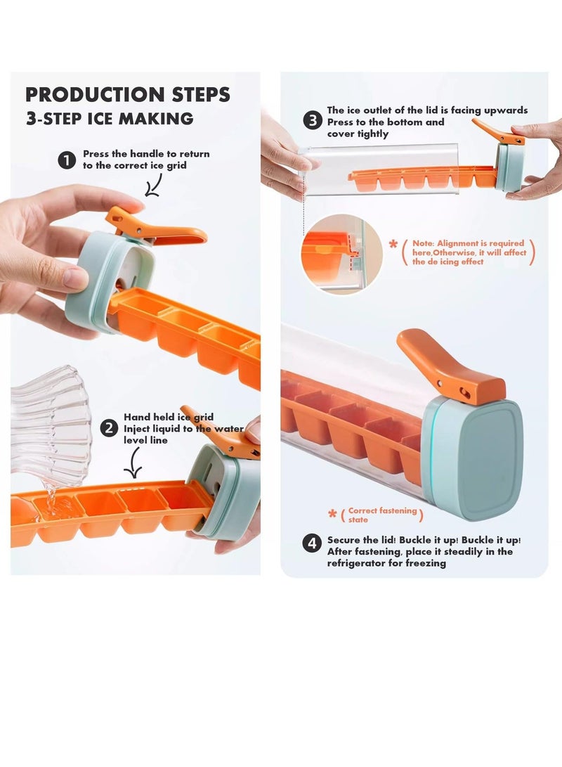 Easy Release Ice Cube Trays, 2 Pcs Easy Pop Out Ice Cube Trays for Freezer, 6 Cell Ice Lattice Food Grade Ice Cube Trays, One Hand Deicing Ice Molds, Ice Cube Trays with Lids, Orange and Green