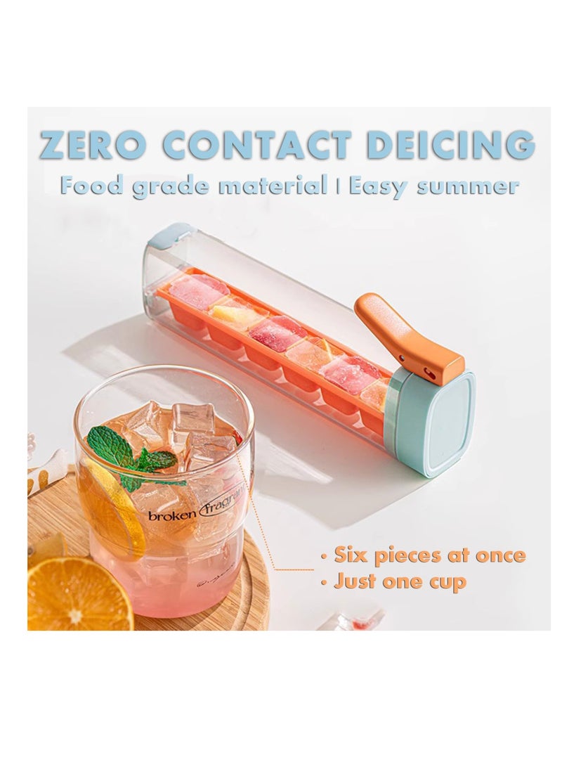 Easy Release Ice Cube Trays, 2 Pcs Easy Pop Out Ice Cube Trays for Freezer, 6 Cell Ice Lattice Food Grade Ice Cube Trays, One Hand Deicing Ice Molds, Ice Cube Trays with Lids, Orange and Green