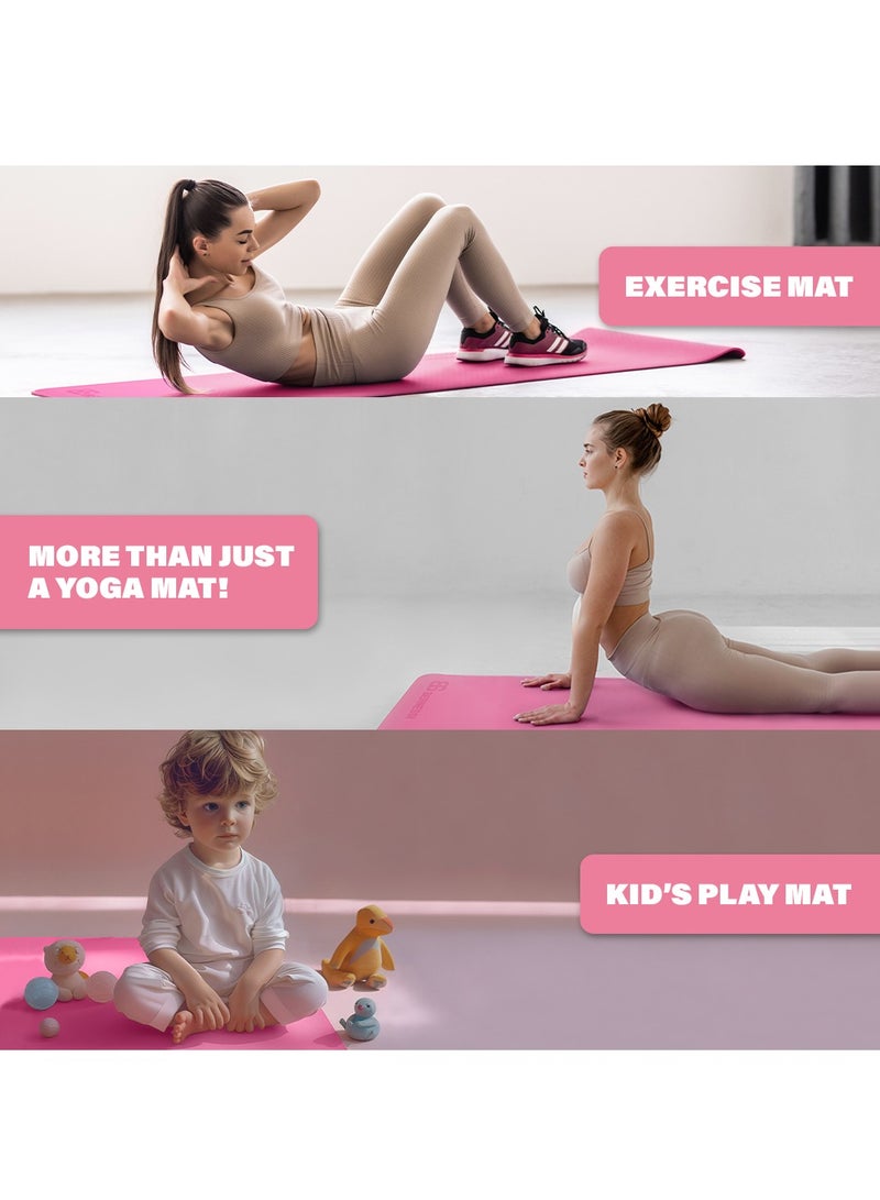 8MM Yoga Mat with Carrying Strap Anti-Slip for Home Workout Exercises Meditation Eco Friendly, Non Skid TPE Yoga Mattres for Pilates 183x61x0.8cm Thick, Light Pink / Black Color