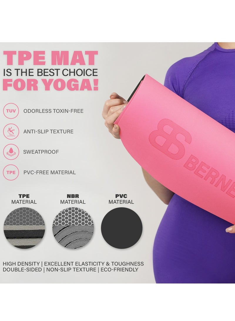 8MM Yoga Mat with Carrying Strap Anti-Slip for Home Workout Exercises Meditation Eco Friendly, Non Skid TPE Yoga Mattres for Pilates 183x61x0.8cm Thick, Light Pink / Black Color