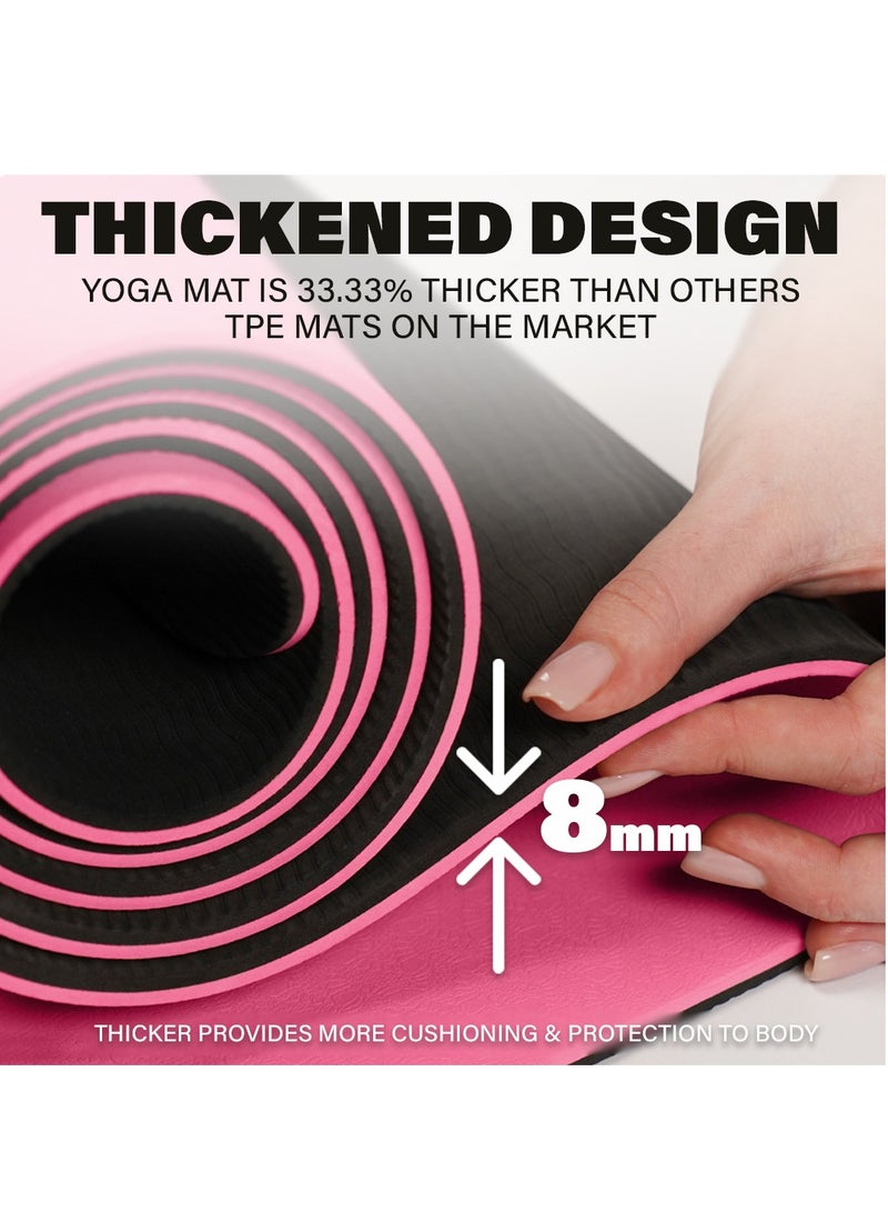 8MM Yoga Mat with Carrying Strap Anti-Slip for Home Workout Exercises Meditation Eco Friendly, Non Skid TPE Yoga Mattres for Pilates 183x61x0.8cm Thick, Light Pink / Black Color