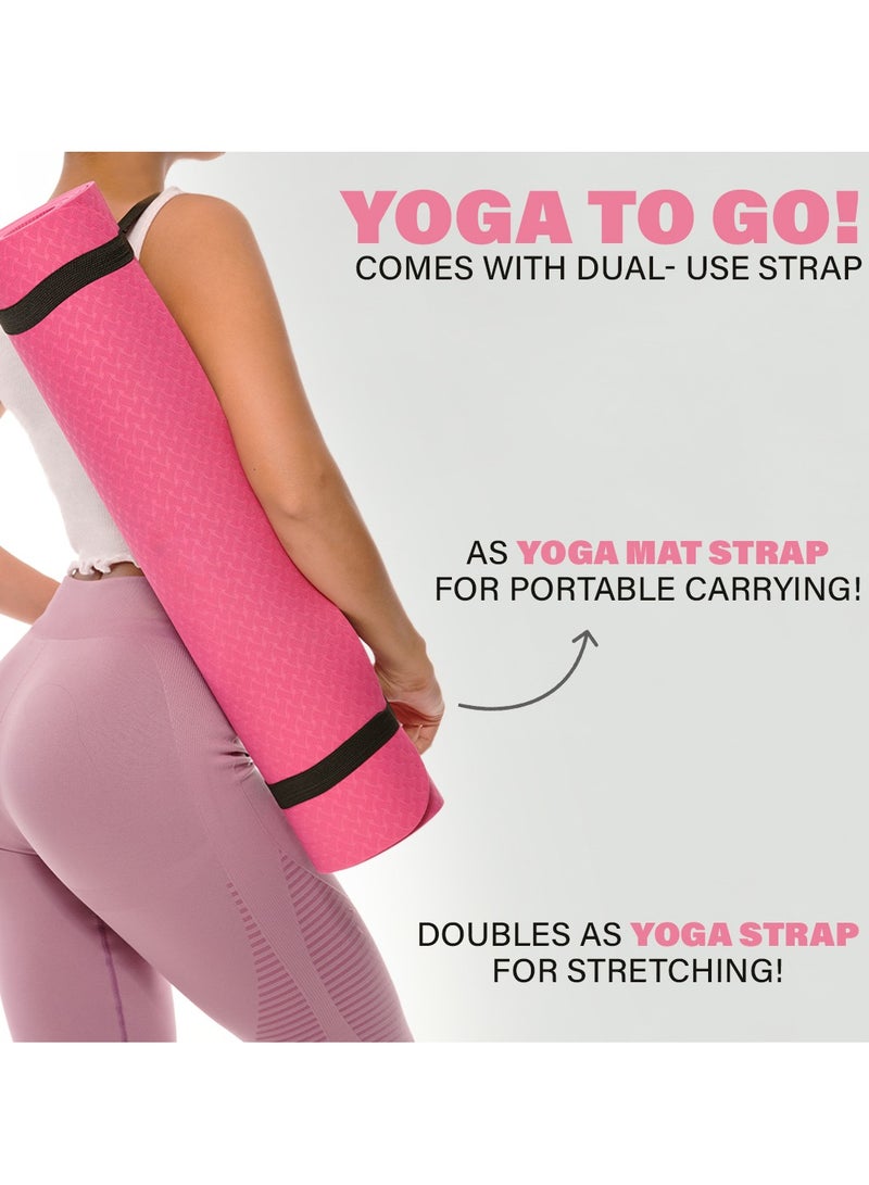 8MM Yoga Mat with Carrying Strap Anti-Slip for Home Workout Exercises Meditation Eco Friendly, Non Skid TPE Yoga Mattres for Pilates 183x61x0.8cm Thick, Light Pink / Black Color