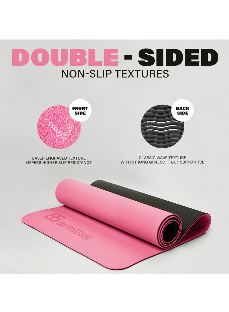 8MM Yoga Mat with Carrying Strap Anti-Slip for Home Workout Exercises Meditation Eco Friendly, Non Skid TPE Yoga Mattres for Pilates 183x61x0.8cm Thick, Light Pink / Black Color