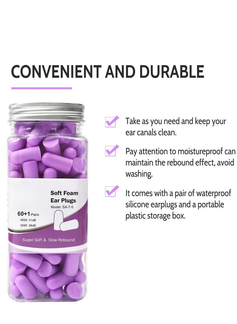 Ultra Soft Foam Earplugs Sleep 38dB Noise Cancelling Ear Plugs for Sleeping Shooting Snoring Work Loud 60 Pairs Purple