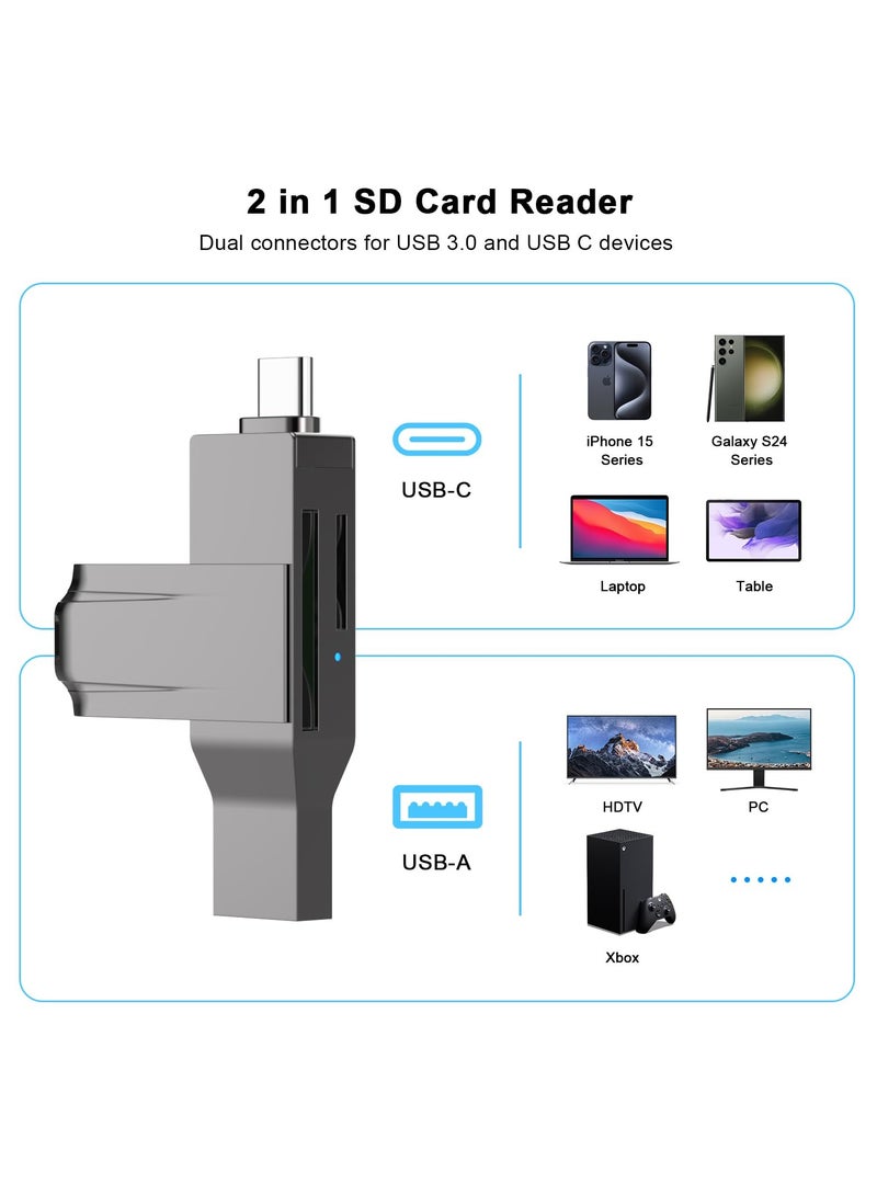 USB C and USB 3.0 SD Card Reader, 2-in-1 Zinc Alloy Card Reader for SDXC, SDHC, MMC, RS-MMC, Micro SDXC, Micro SD, Micro SDHC, UHS-I Cards Compatible with iPhone 15, MacBook, iPad and Android