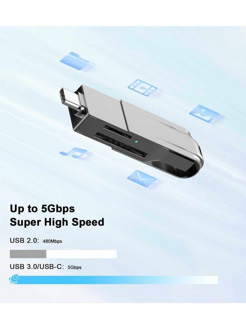 USB C and USB 3.0 SD Card Reader, 2-in-1 Zinc Alloy Card Reader for SDXC, SDHC, MMC, RS-MMC, Micro SDXC, Micro SD, Micro SDHC, UHS-I Cards Compatible with iPhone 15, MacBook, iPad and Android
