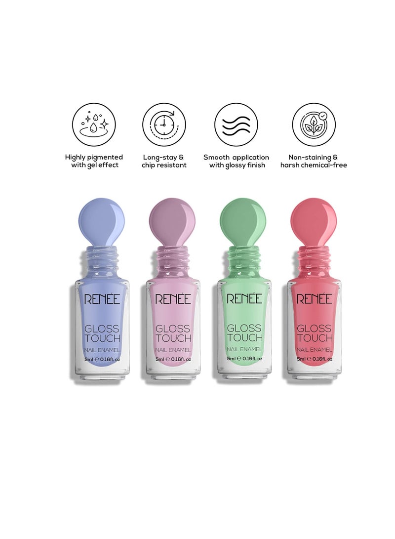 Renee Gloss Touch Nail Paint Set of 4 Quick Drying Nail Polish  Glossy Gel Finish Nail Kit  Highly Pigmented and Long Lasting Nail Enamel Chip Resistance 5ml Each  Gift Set for Women