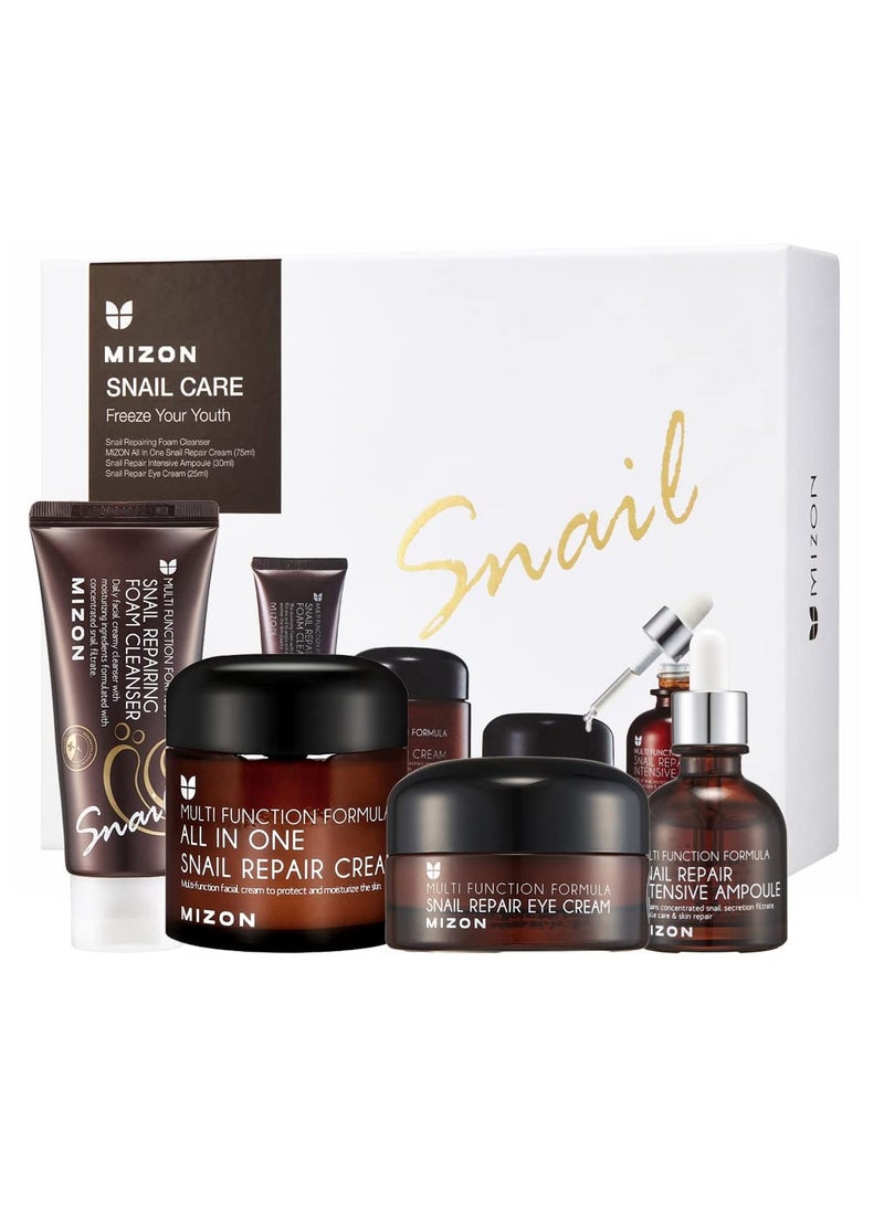 MIZON Gift Set: All-in-1 Snail Repair Cream, Snail Repair Intensive Ampoule, Snail Repairing Foam Cleanser and Snail Repair Eye Cream Korean Skincare Set