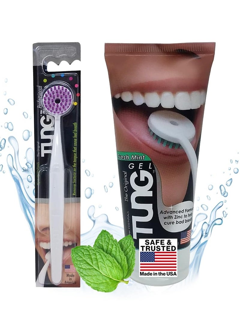 Tung Tongue Brush & Gel Kit | Tongue Cleaner for Adults | Tongue Scraper to Fight Bad Breath and Halitosis | Mouth Odor Eliminator | Fresh Mint | Made in America (Set of 1)