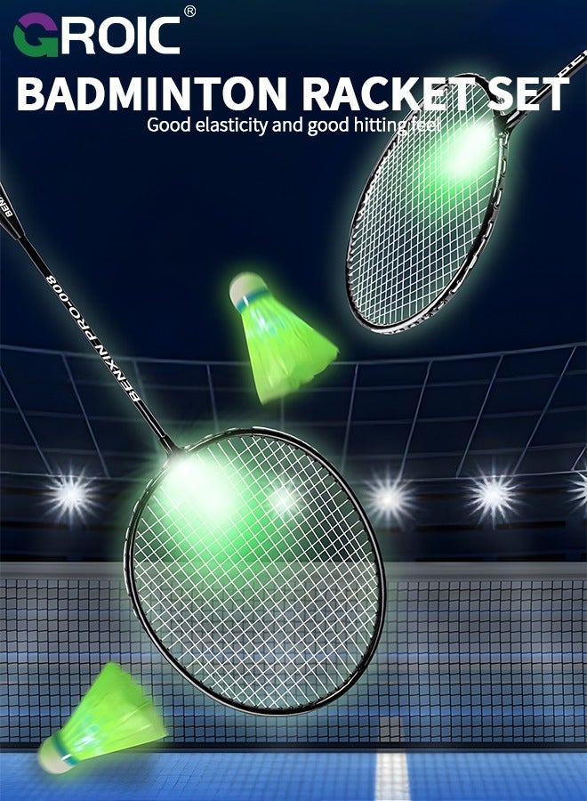 1 Pairs LED Badminton Rackets Set with 2 LED Glowing Badminton Balls and Carrying Bag Included, Glow in The Dark Badminton Racket Set Led Tennis Racket Set with 2 Light-up Badminton Balls