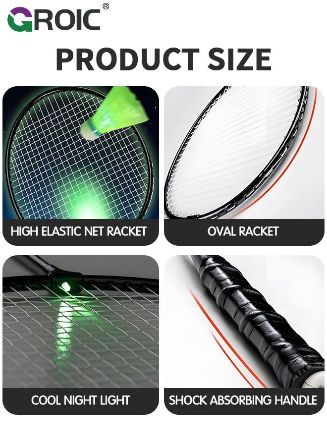 1 Pairs LED Badminton Rackets Set with 2 LED Glowing Badminton Balls and Carrying Bag Included, Glow in The Dark Badminton Racket Set Led Tennis Racket Set with 2 Light-up Badminton Balls