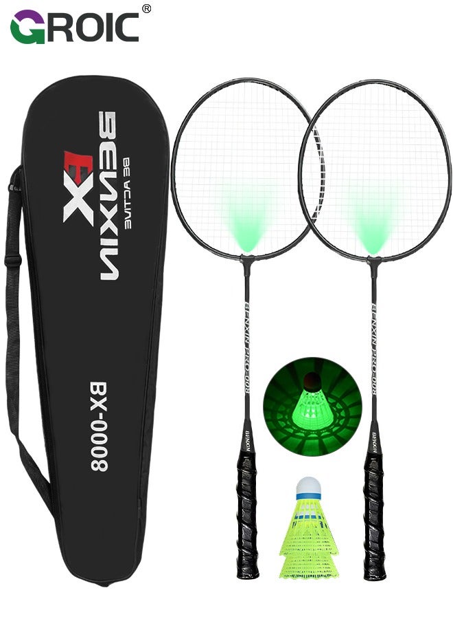 1 Pairs LED Badminton Rackets Set with 2 LED Glowing Badminton Balls and Carrying Bag Included, Glow in The Dark Badminton Racket Set Led Tennis Racket Set with 2 Light-up Badminton Balls