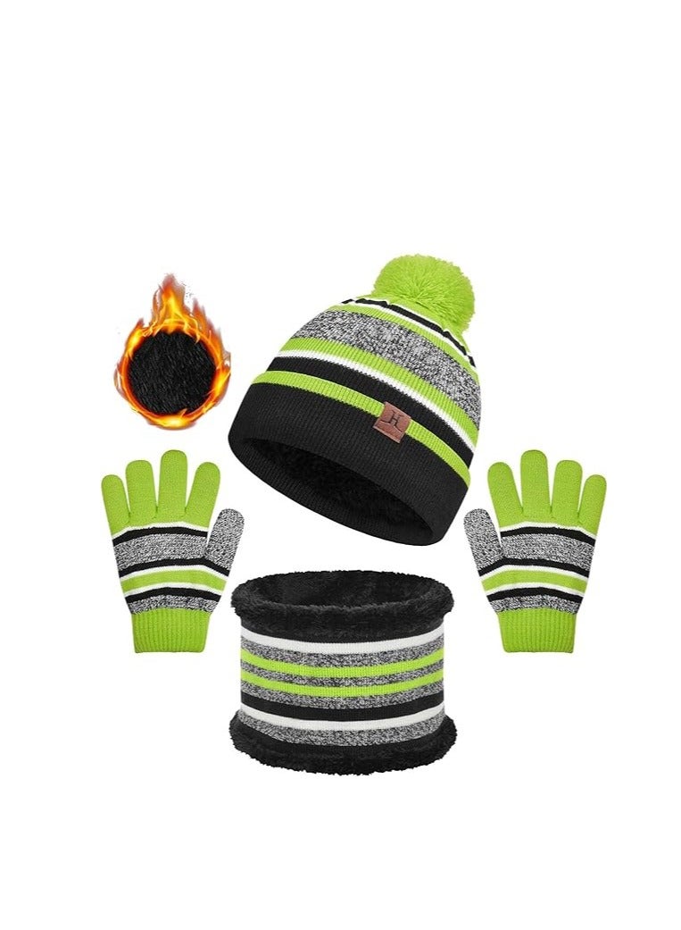 Kids Warm Beanie Hat Scarf Gloves Set 3 in 1 Thermal Knit Hat Scarf Gloves Set Winter Accessories Sets Snood Scarf Gloves Set with Double Layer Fleece Lining Boys Girls