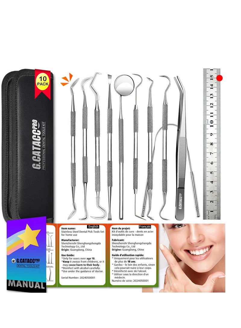 Dental Tools, 10 Pack Professional Plaque Remover for Teeth Cleaning Tools Set, Stainless Steel Dental Hygiene Kit with Dental Picks, Tartar Scraper, Tooth Scraper, Tongue Scraper- with Case